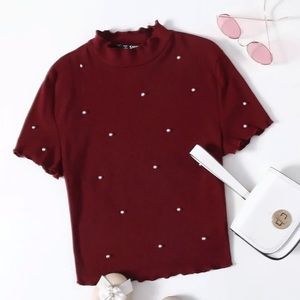 Maroon Mock Neck Top With Pearls